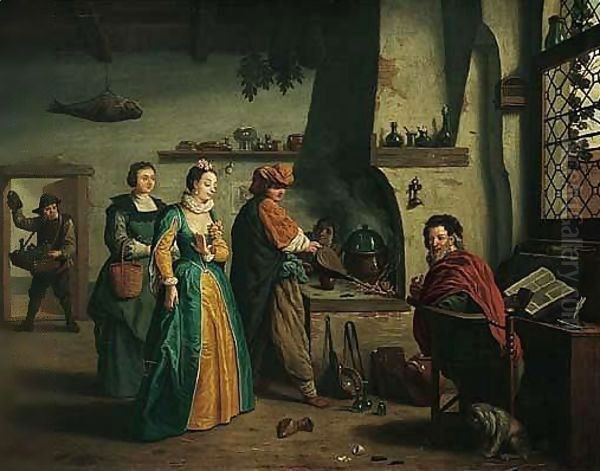 An Elegant Lady Visiting An Alchemist Oil Painting by Jan Jozef, the Younger Horemans