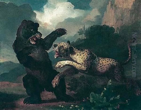 A Mountainous Landscape With A Leopard Attacking A Bear Oil Painting by Abraham Danielsz Hondius