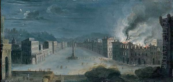 Rome, A View Of Piazza Navona At Night, With Figures Gathering Round A Burning Building Oil Painting by Orazio Grevenbroeck