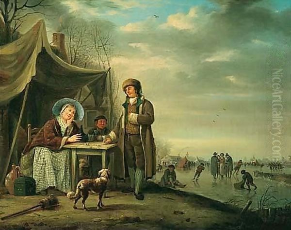 Winter Landscape With Figures Drinking By A Frozen River, Others Skating Beyond Oil Painting by Andries Vermeulen