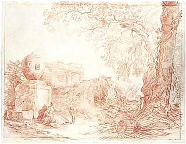 Landscape, With A Girl Playing With A Dog By A Fountain, With Ruins Behind And Trees To The Right Oil Painting by Hubert Robert