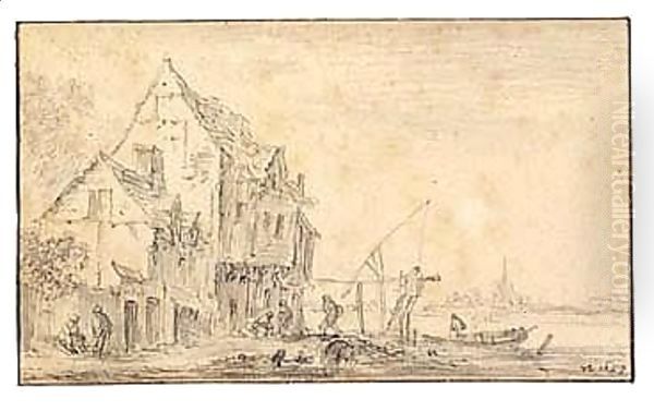 Houses And Figures By A River Oil Painting by Jan van Goyen