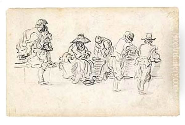 A Sketchbook Page Study Of Five Figures, Seemingly In A Market Oil Painting by Jan van Goyen