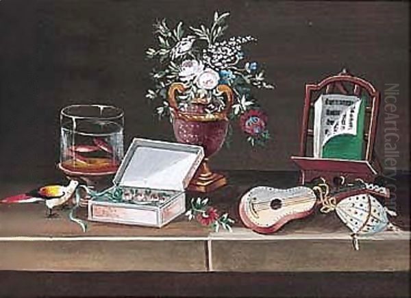 Musical Instruments, Boxes And Flowers Oil Painting by Rene Lelong