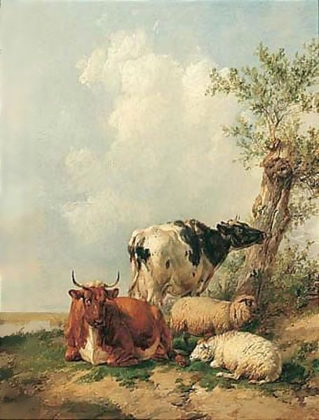 Sheep And Cattle Resting Oil Painting by Thomas Sidney Cooper