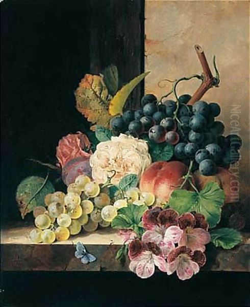 Still Life With Fruit, Flowers And Butterfly Oil Painting by Edward Ladell