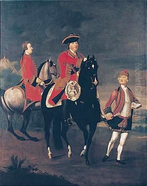 Equestrian Portrait Of Augustus, Duke Of Cumberland, With An Aide De Camp, And A Highland Servant Oil Painting by David Morier