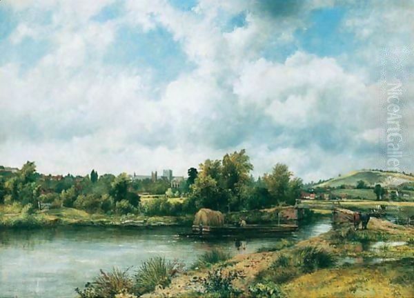 A View Of Winchester From The River Itchen, With A Hay Barge In The Foreground And The Cathederal And St.Catherine's Hill Beyond Oil Painting by Frederick Waters Watts