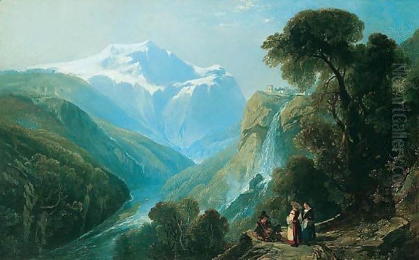 Scene On The Via Mala, Switzerland, With Mont Blanc In The Distance Oil Painting by William James Muller