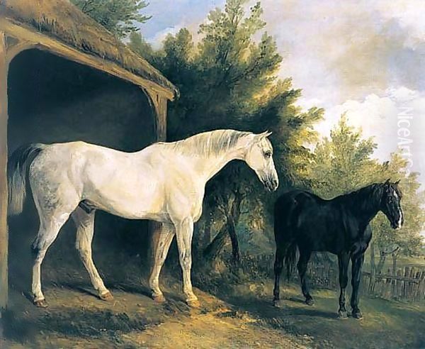 Two Hunters By A Stable With A Landscape Beyond Oil Painting by Richard Barrett Davis