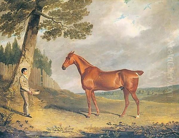 A Chestnut Hunter And Groom In A Landscape Oil Painting by John Frederick Herring Snr