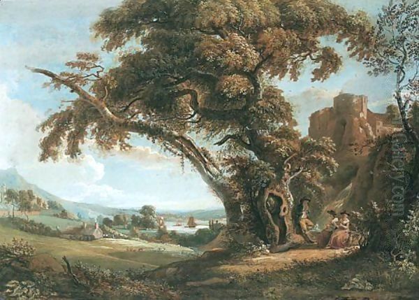 Figures By A Waterfall With A Castle And A River Estuary Beyond Oil Painting by Paul Sandby