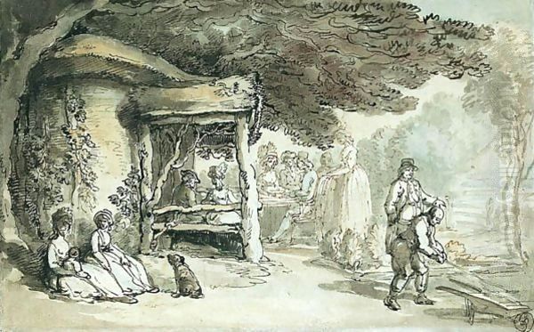 Elegant Compamy Seated In A Rustic Arbour Oil Painting by Thomas Rowlandson