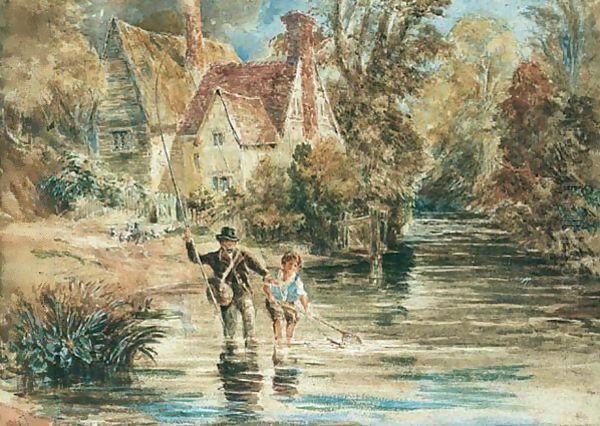 A Man And Child Fishing In A Stream By A Cottage Oil Painting by David Cox