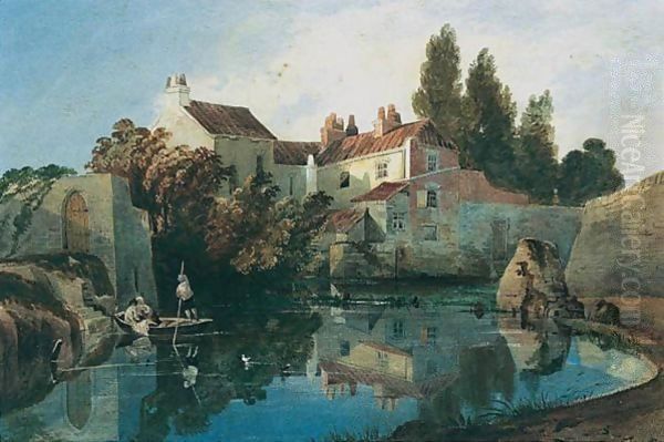 Figures On A Punt On A River, A House Beyond Oil Painting by Thomas Shotter Boys