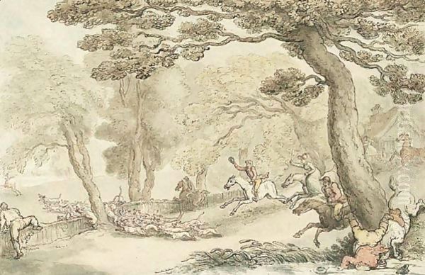 The Kings Buckhounds In Full Cry After A Stag Oil Painting by Thomas Rowlandson