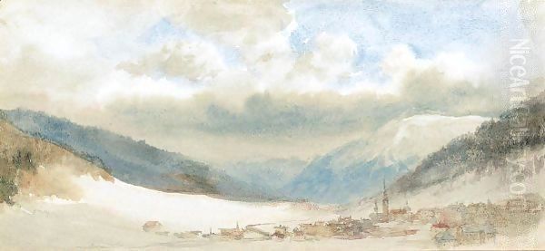 A Swiss Alpine Village In Winter Oil Painting by John Ruskin