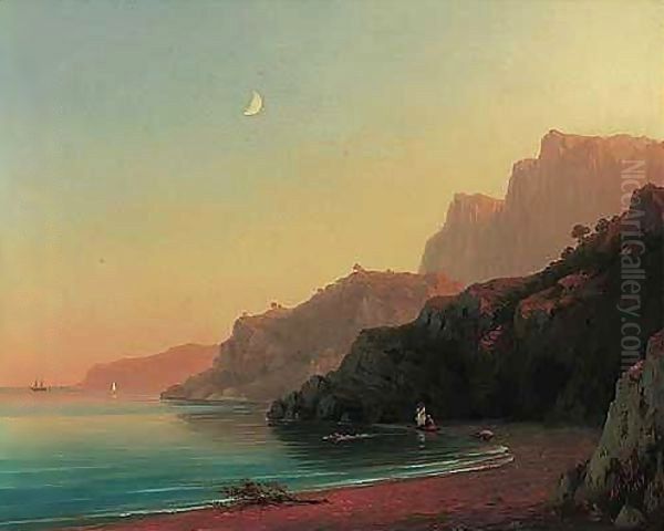 Bathing at sunset in the cove Oil Painting by Ivan Konstantinovich Aivazovsky