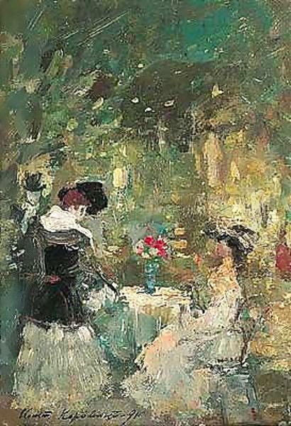 Parisian cafe scene Oil Painting by Konstantin Alexeievitch Korovin