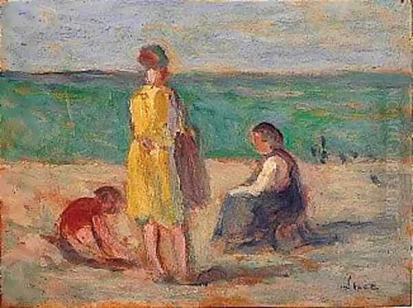 La Plage Pres De St Malo Oil Painting by Maximilien Luce