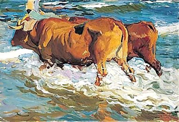 Bueyes En El Mar (Oxen In The Sea) Oil Painting by Joaquin Sorolla Y Bastida