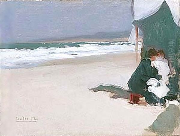 Mujer Y Nino En La Playa (Mother And Child On The Beach) Oil Painting by Cecillio Pla Y Gallardo