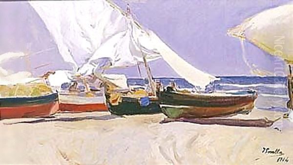 Velas, Playa De Valencia (Sails, Valencia Beach) Oil Painting by Joaquin Sorolla Y Bastida