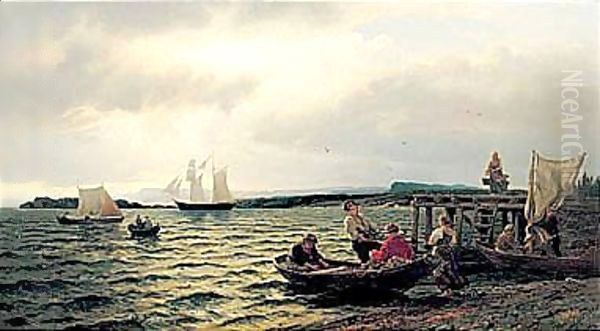 Fiskere Som Bringer Fangsten I Land (Landing The Catch) Oil Painting by Hans Fredrik Gude