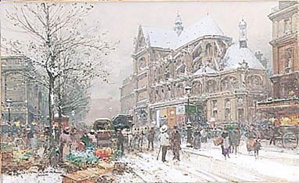 L'Eglise Saint-laurent Sous La Neige Oil Painting by Eugene Galien-Laloue