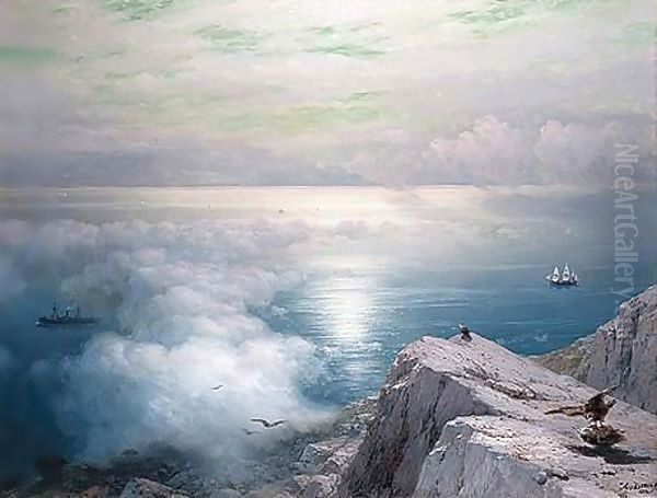 A rocky coastal landscape in the aegean with ships in the distance Oil Painting by Ivan Konstantinovich Aivazovsky