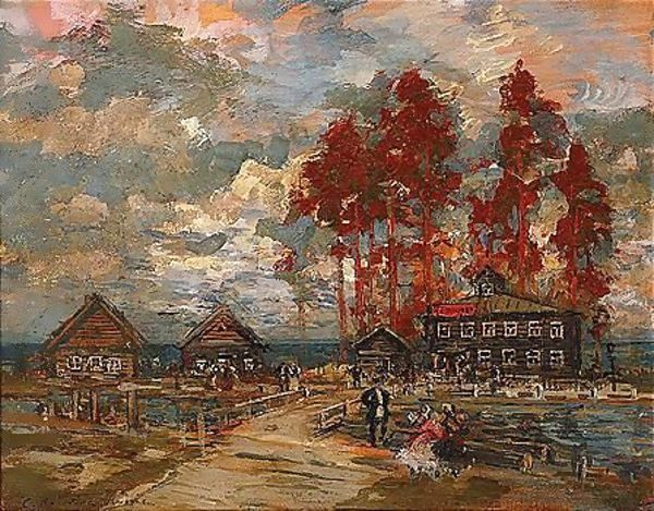 Summer houses by lake ladoga, c.1930 Oil Painting by Konstantin Alexeievitch Korovin