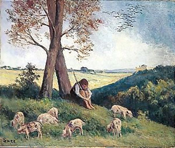 Rolleboise, Le Gardien De Cochons Oil Painting by Maximilien Luce