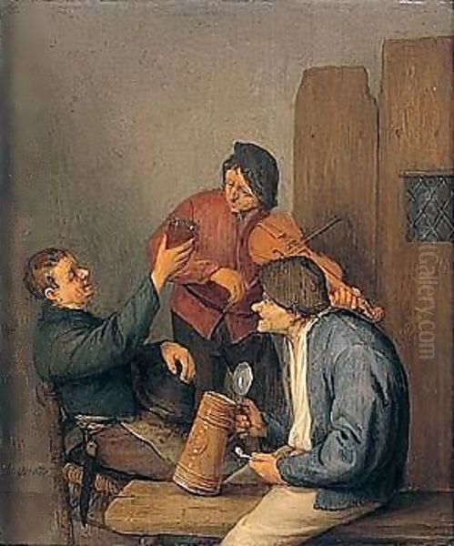 Three Peasants Drinking, Smoking And Playing The Violin In A Tavern Interior Oil Painting by Adriaen Jansz. Van Ostade