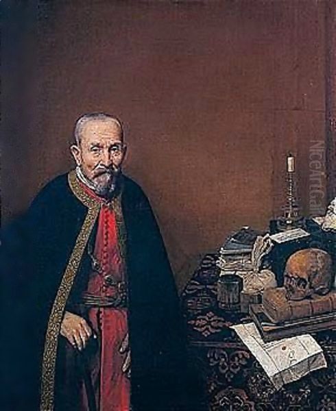 An Old Man Standing Beside A Table With Books, A Candle And A Skull Oil Painting by Unknown Painter