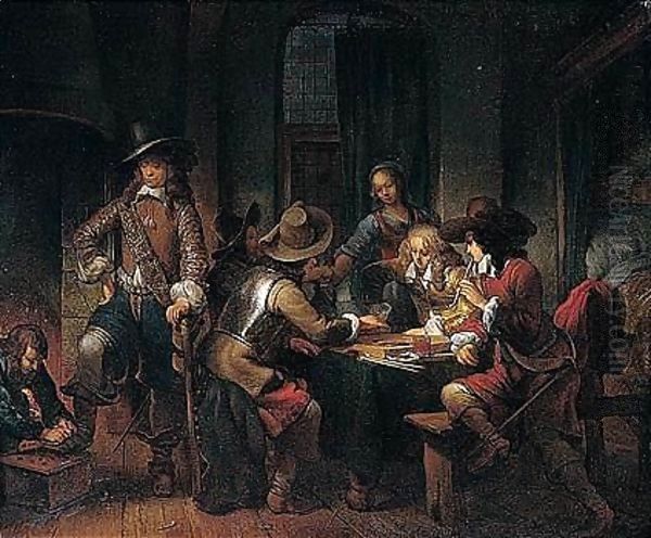 An Interior With Soldiers Playing Tric-trac Around A Table Oil Painting by Gerbrand Van Den Eeckhout