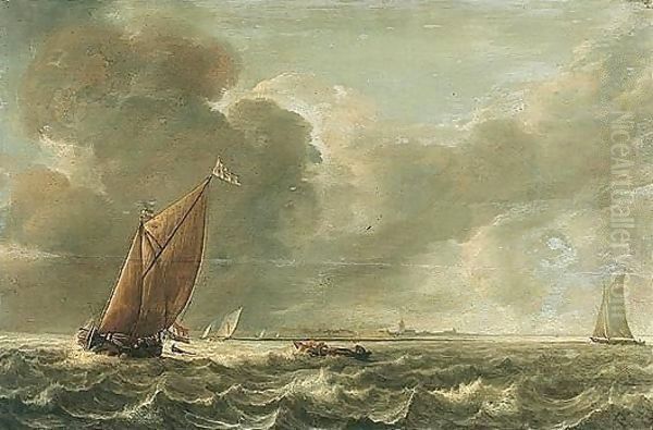 Seascape With A Smalschip And Other Light Vessels In A Stiff Breeze Oil Painting by Abraham Hendrickz Van Beyeren