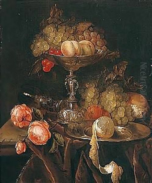 Still Life Of Fruit In A Silver Tazza Together With Grapes, Bread, Roses, A Wine Glass And A Peeled Lemon On A Pewter Dish, All Arranged On A Ledge Draped With A Brown Cloth Oil Painting by Abraham Hendrickz Van Beyeren