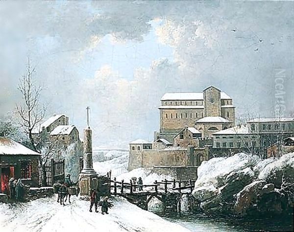 A Winter Landscape With Figures Crossing A Bridge Near A Monastery Oil Painting by Jules Cesar Denis van Loo