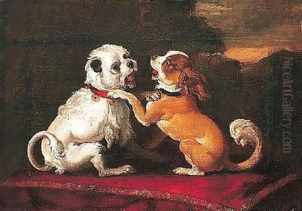 Two Dogs Playing On A Red Cushion Oil Painting by Abraham Danielsz Hondius