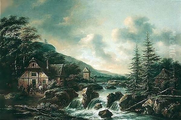 Scandinavian Landscape With Figures Outside A Tavern By A Waterfall Oil Painting by Claes Molenaar (see Molenaer)