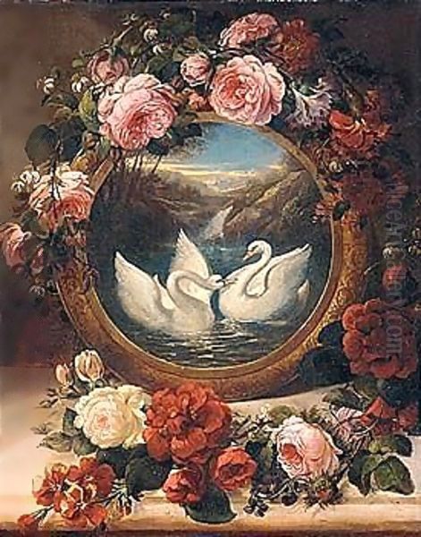 A Painting Of Swans In A River Landscape Encircled With Roses Oil Painting by Siegfried Detler Bendixen