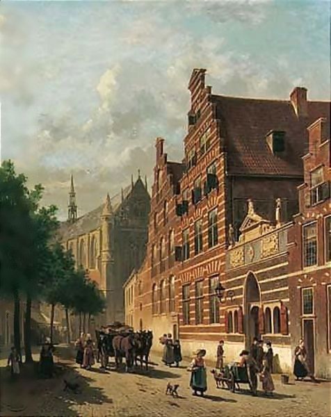 Stadgezicht Op Leiden (A Street Scene In Leiden) Oil Painting by Jacques Carabain