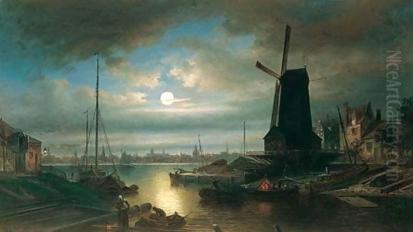 Nederlandse Stad Bij Maanlicht (Dutch Town By Moonlight) Oil Painting by Elias Pieter van Bommel