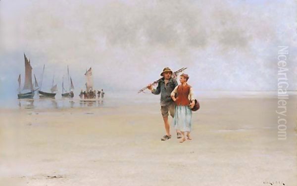 After The Catch Oil Painting by August Wilhelm Nikolaus Hagborg