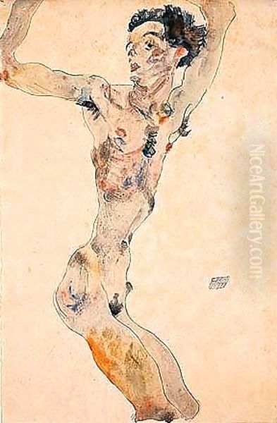 Male nude with raised arms - self-portrait Oil Painting by Egon Schiele