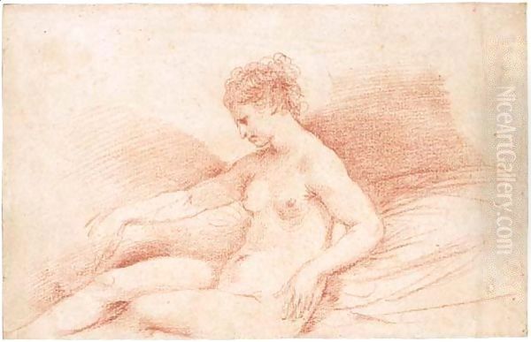 A female nude seated on a bed, her elbow resting on a cushio Oil Painting by Giovanni Francesco Barbieri