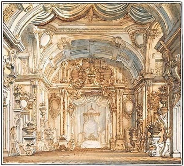 A stage design for a fantastical royal bedroom Oil Painting by Antonio Galli Bibiena