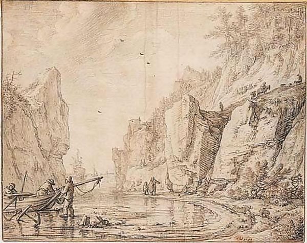 Unloading Boats In A Rocky Bay Oil Painting by Herman Saftleven