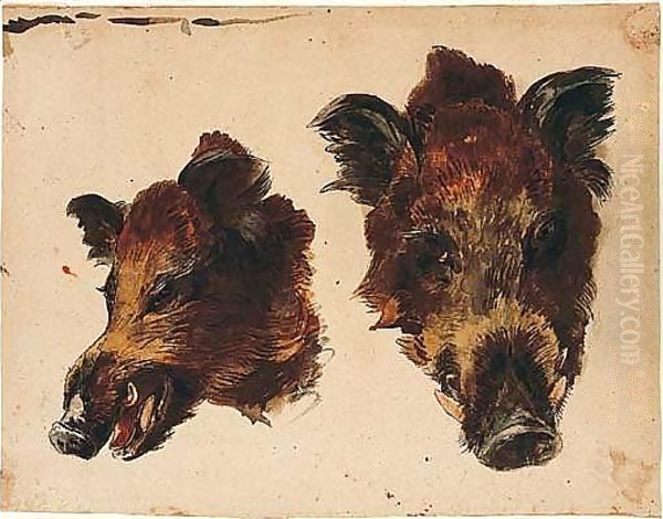 Two Studies Of A Boars Head Oil Painting by Jean-Baptiste Huet