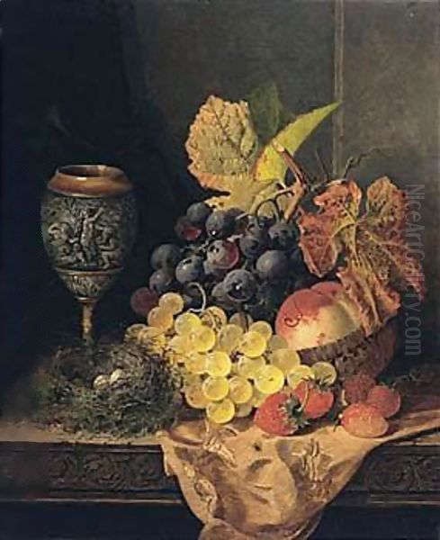 Still Life With Fruit, Bird's Nest And A Goblet Oil Painting by Edward Ladell